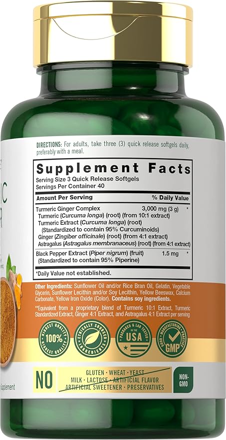 Carlyle Turmeric and Ginger Supplement 3000 mg | 120 Softgel Capsules | Turmeric Curcumin Complex | with Black Pepper Extract | Non-GMO, Gluten Free