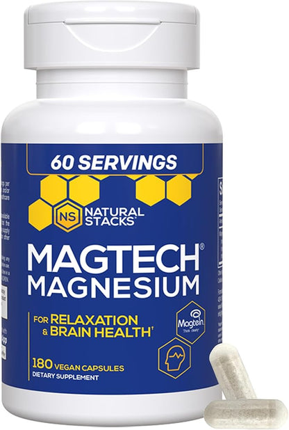 MagTech Magnesium Supplement - 3 Forms of Magnesium: Magtein L-Threonate, Glycinate & Taurate - 200mg Chelated Magnesium Complex - Supports Relaxation & Brain Health - 180 Capsules