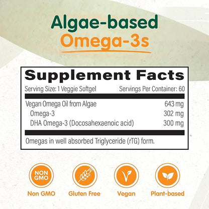 OmegaVia Vegan Omega 3 Supplement, Algae Omega 3 Fish Oil Alternative, 300mg Vegan DHA Fatty Acids, Plant Based, Planet and Ocean Friendly, IAOS 5 Star Tested, 60 Softgels