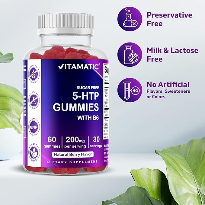 Vitamatic Sugar Free 5-HTP 200mg Gummies with B6 – 60 Pectin-Based Gummies – Mood Support & Stress Relief