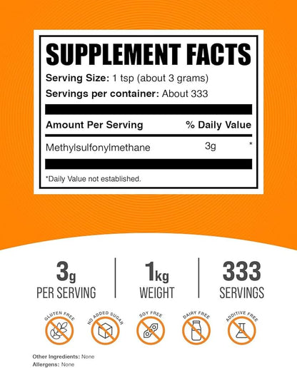 BulkSupplements.com MSM Powder - Methylsulfonylmethane, MSM Supplement, Nutritional Supplement - Gluten Free, 3g per Serving, 1kg (2.2 lbs) (Pack of 1)