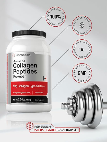 Horbaach Collagen Peptides Powder 40 oz | Unflavored | for Men & Women | Grassfed Type I & III | Non-GMO, Gluten Free Supplement
