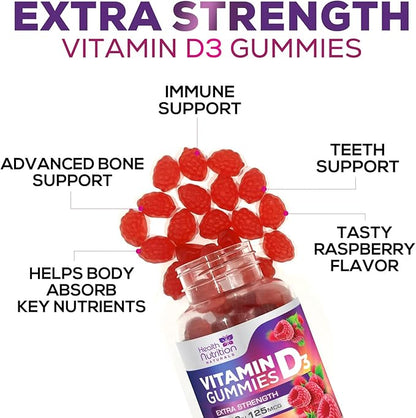 Vitamin D3 Gummies Extra Strength 5000 IU (125 mcg) - Immune Support, Bone, Teeth and Muscle Vitamin D Gummy Dietary Supplement, Nature's Berry Vitamin D Supplement, Raspberry, Non-GMO - 120 Gummies