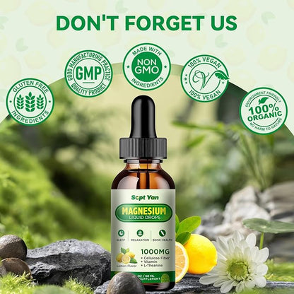 Magnesium Glycinate Liquid Drops, 1000mg Magnesium Glycinate, Citrate & Threonate with Cellulose Fiber, L-Theanine, Vitamin B & C for Sleep, Muscle, Energy & Relaxation, Sugar-Free Lemon Flavor