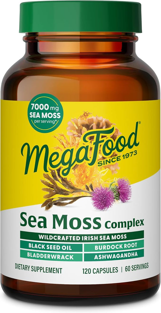 MegaFood Sea Moss Complex - Irish Sea Moss 7000mg Per Serving Plus Black Seed Oil, Burdock Root, Bladderwrack & Ashwagandha - Vegan Gut Health & Immune Support Supplement, 120 Capsules, 60 Servings