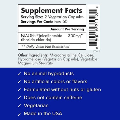 TRU NIAGEN - Patented Nicotinamide Riboside NAD+ Supplement. NR Supports Cellular Energy Metabolism & Repair, Vitality, Healthy Aging of Heart, Brain & Muscle - 60 Servings / 120 Capsules