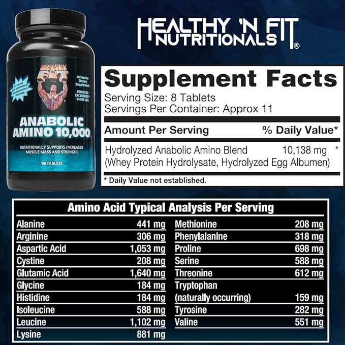 Healthy 'N Fit - Anabolic Amino 10,000 -Amino Acid Tablets (180)- Hydrolyzed Egg & Whey Source- FAST Absorbing