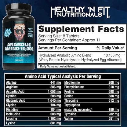 Healthy 'N Fit ANABOLIC Amino 10,000 90 Tablets, EAA & BCAA - 10,000 MGS Amino Acids per Serving