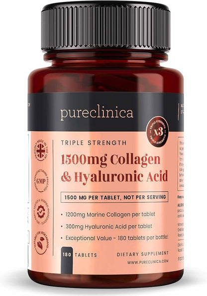 pureclinica 1500mg UltraColl Collagen (1200mg) and Hyaluronic Acid (300mg) x 180 Tablets - 6 Months Supply