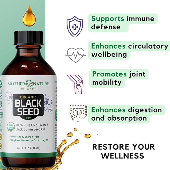 Mother Nature USDA Organic Black Seed Oil – Cold Pressed, Unrefined & Vegan Nigella Sativa, High Thymoquinone (2%+), Omega 3 6 9 for Immune, Joint & Heart Support, Hair & Skin, Non-GMO, 16oz