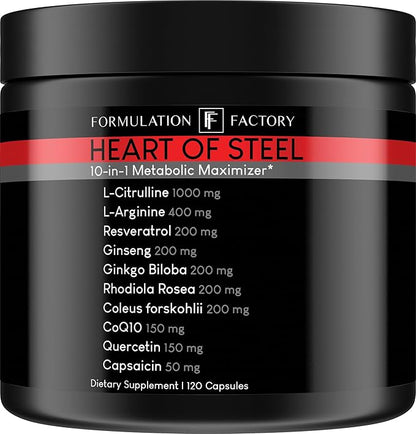 Heart of Steel: 10-in-1 Metabolic Maximizer Nitric Oxide Supplement, Blood Pressure Support, L Arginine, L Citrulline Natural Pre-Workout: Energy Management 120 Count