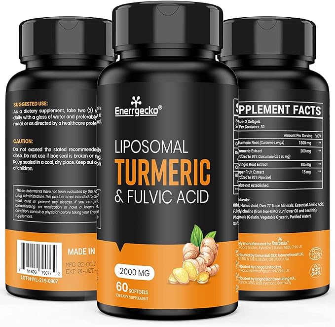 2000 mg Liposomal Turmeric Curcumin with Black Pepper & Ginger for Superior Absorption with Fulvic Acid and Humic Acid (60 Count (Pack of 1))