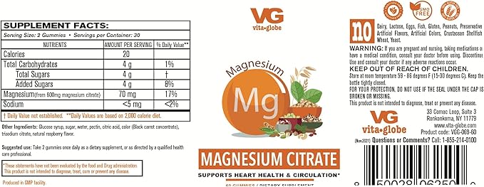 VitaGlobe 70mg of Elemental Magnesium Gummies - Support Healthy Bones, Muscles, Energy & Relaxation, 60 Count