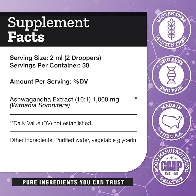 Dr. Emery's Ashwagandha Liquid Drops Organic Extract Supplement for Relaxation, Mental Clarity, Natural Calm, and Mood, Vegan, Made in USA, 30 Day Supply