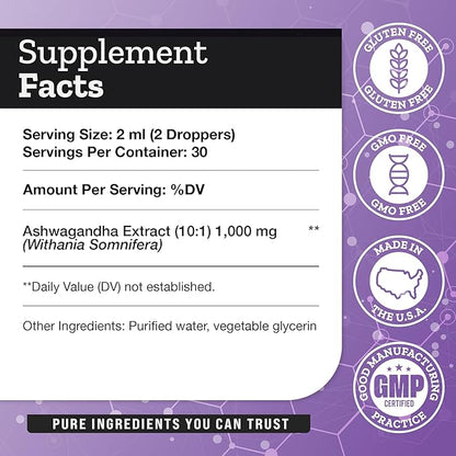 Dr. Emery's Ashwagandha Liquid Drops Organic Extract Supplement for Relaxation, Mental Clarity, Natural Calm, and Mood, Vegan, Made in USA, 30 Day Supply