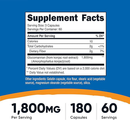 Nutricost Glucomannan 1,800mg Per Serving, 180 Capsules - Natural Fiber Source, Non-GMO, Gluten Free