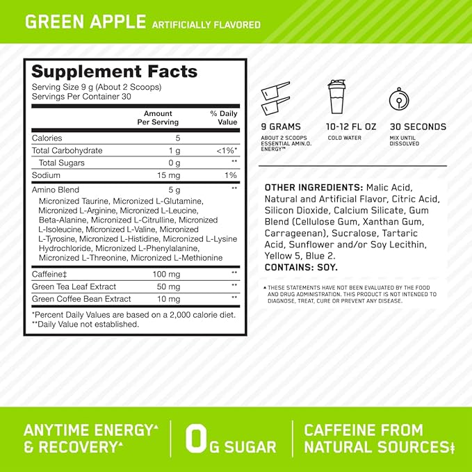 Optimum Nutrition Amino Energy - Pre Workout with Green Tea, BCAA, Amino Acids, Keto Friendly, Green Coffee Extract, Energy Powder - Green Apple, 30 Servings (Packaging May Vary)