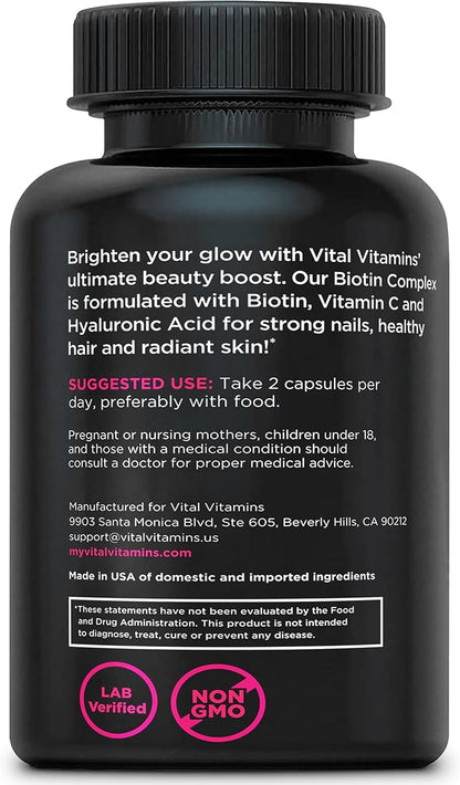 Vital Vitamins Biotin Complex Pills - with Hyaluronic Acid, MSM, Collagen, & Vitamin C - Supplement for Hair, Skin, & Nails - 60 Capsules