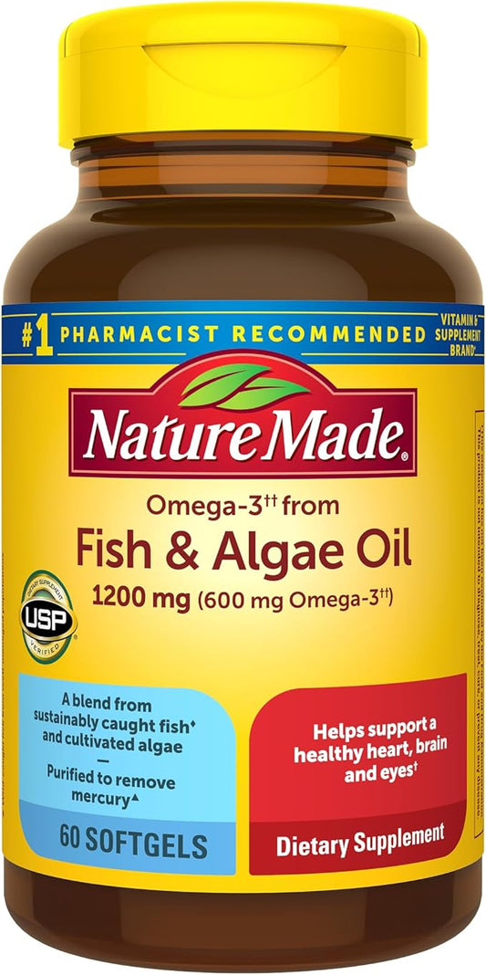 Nature Made Omega 3 Fish Oil and Algae Oil Supplements, 1200mg, Omega 3 Supplement for Heart, Brain and Eyes Support, One Per Day, 60 Softgels