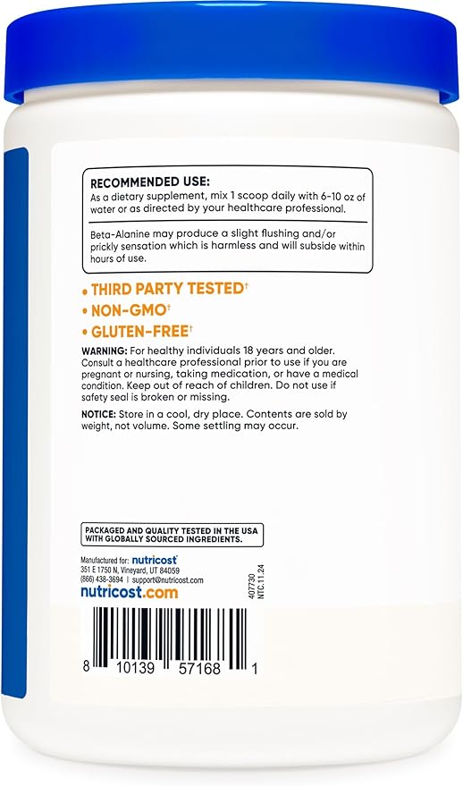 Nutricost Beta Alanine Powder 500 Grams (1.1lbs) - Pure Beta Alanine, Gluten Free & Non-GMO