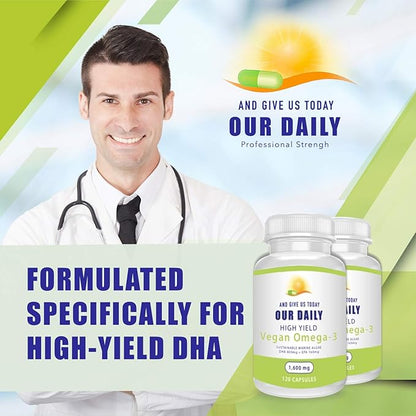 Our Daily Vites Vegan Omega-3 Supplement - Marine Algal Source for DHA & EPA Fatty Acids - Plant-Based Fish Oil Alternative - Carrageenan Free Softgels for Eye Health & Optimal Wellness