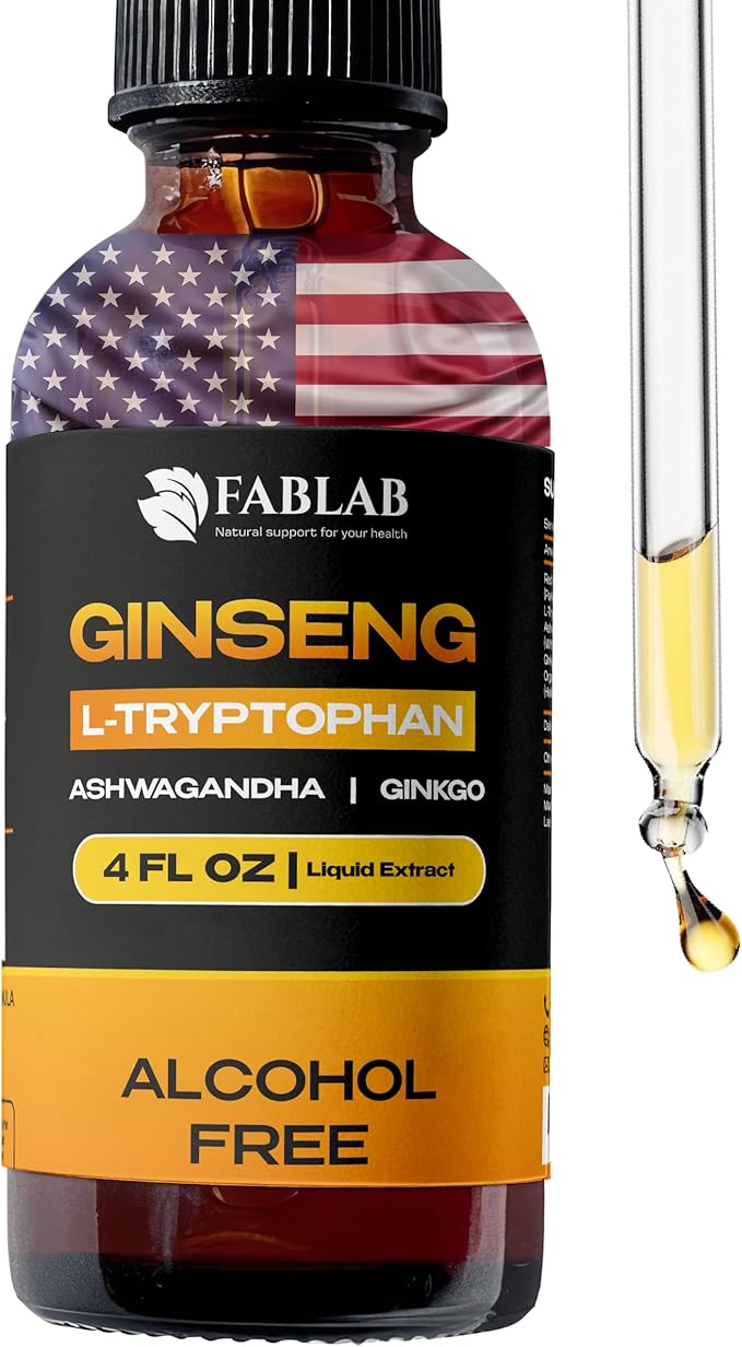 FabLab Ginseng L-Tryptophan Liquid Extract, Ashwagandha, Ginkgo, Red Korean Panax – Cognitive Support, Stress Relief, Energy Booster, 4 fl oz