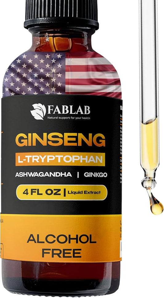 FabLab Ginseng L-Tryptophan Liquid Extract, Ashwagandha, Ginkgo, Red Korean Panax – Cognitive Support, Stress Relief, Energy Booster, 4 fl oz