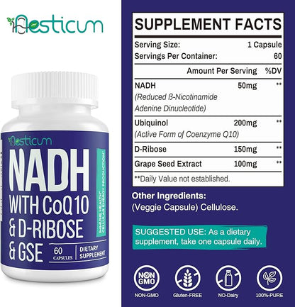 NADH 50mg + CoQ10 200mg + D-Ribose 150mg Supplement, Boosting NAD+ Supplements for Immune System, Cellular Energy, Focus, Reduced Nicotinamide Adenine Dinucleotide, 120 Veggie Capsules