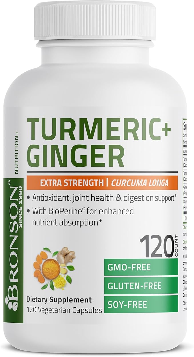 Bronson Turmeric + Ginger Extra Strength Joint Health & Digestion Support with BioPerine, Non-GMO, 120 Vegetarian Capsules