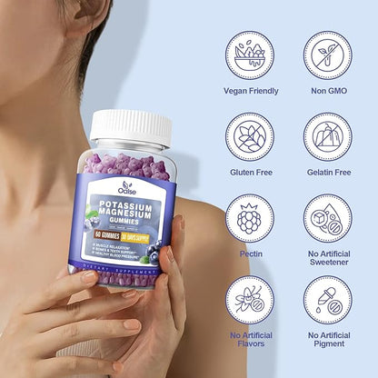 Potassium Magnesium Gummies for Adults Kids, High Absorption Potassium Citrate 99mg Magnesium Citrate 400mg, Chewable Gummy Supplements for Leg & Muscle Health, Blueberry, 60 Count