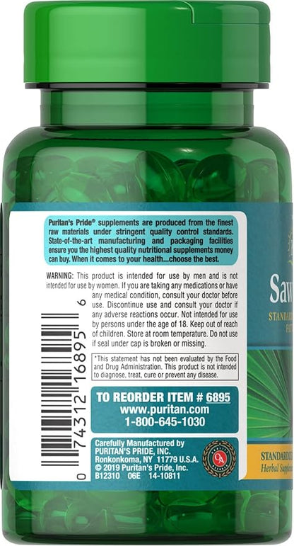 Puritan's Pride Saw Palmetto Extract 160mg, Traditional Herbal Dietary Supplement For Mens Prostate and Urinary Health Support, 60 Rapid Release Capsules