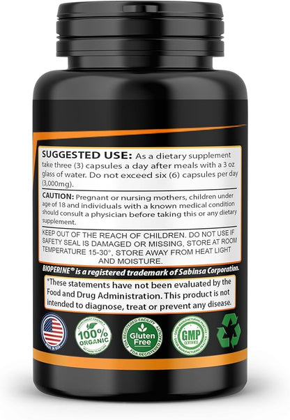 Turmeric Curcumin with Black Pepper 1,500mg | 90 Veggie Capsules | Dietary Supplement with 95% Standardized Curcuminoids & Bioperine for Potency & Absorption | Non-GMO, Gluten Free