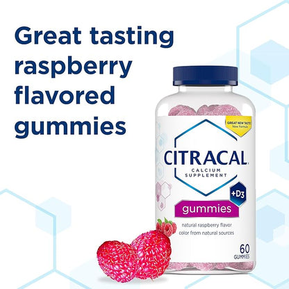 CITRACAL Calcium Supplement Gummies, Chewable Calcium with Vitamin D3, Supports Bone Health, Calcium Chews for Ages 12+, Natural Raspberry Flavor, 60 Count (Pack of 2)
