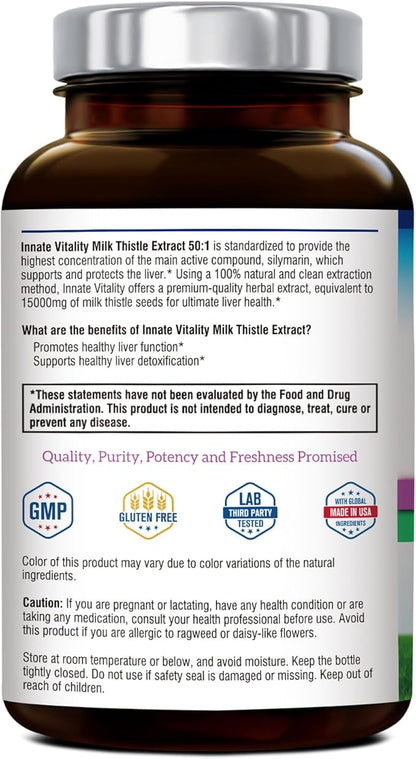 Innate Vitality 50:1 Organic Milk Thistle Supplement, 15000mg Equivalent (300mg Extract), 80% Silymarin Flavonoids, Liver Health, Detox & Cleansing, Made in USA, Non-GMO, 120 Veggie Capsules