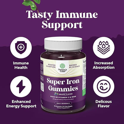 Extra Strength Iron Gummies for Women and Men - Potent 45mg per Serving Chewable Iron Supplement for Women and Men with Vitamin C for Higher Absorption - Vegan Daily Iron Gummy No Artificial Flavors