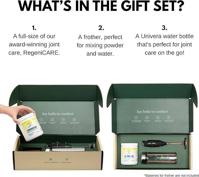 Univera RegeniCARE Gift Set with Bottle and Frother – Joint Support with Glucosamine, Univestin, MSM, Chondroitin – 30 Servings, Lemon