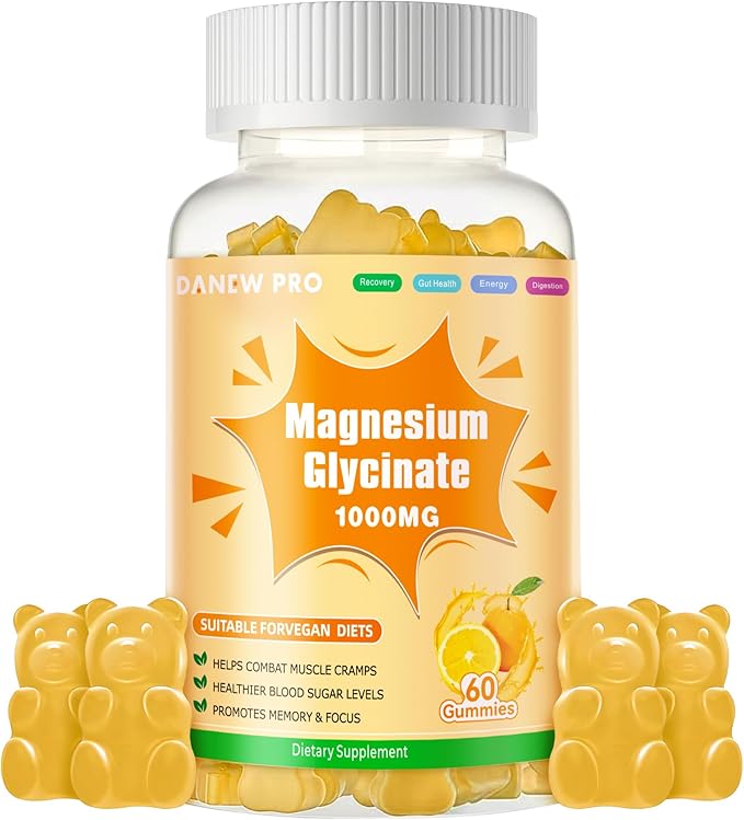 Magnesium Glycinate Gummies 1000mg - Sugar Free Magnesium Potassium Supplement with Vitamin D, B6, CoQ10 for Calm Mood & Sleep Support - 60 Orange Gummies