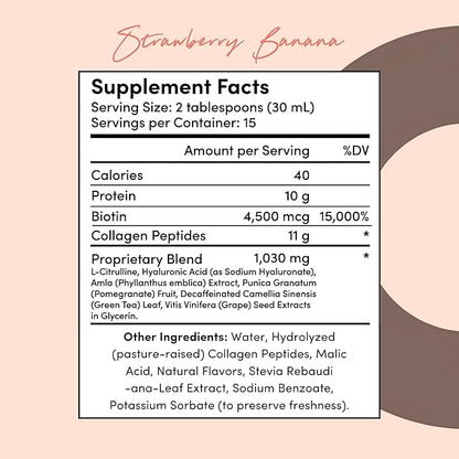 Tranont Glow | Strawberry Banana | Type 1 Collagen with Superfood Antioxidant Support | for Hair, Skin, Nails & Joints | Liquid Collagen with Hyaluronic Acid & Peptides | 15 Fl Oz