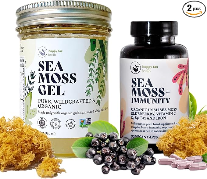 HAPPY FOX Immunity Bundle - Organic Sea Moss Gel, Gold, 8 fl oz & Organic Irish Sea Moss Capsules with Sambucus Elderberry for Immunity Defense, Vitamins C, D3, B9, B12, & Iron, 90 Count