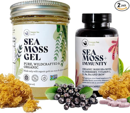 HAPPY FOX Immunity Bundle - Organic Sea Moss Gel, Gold, 8 fl oz & Organic Irish Sea Moss Capsules with Sambucus Elderberry for Immunity Defense, Vitamins C, D3, B9, B12, & Iron, 90 Count