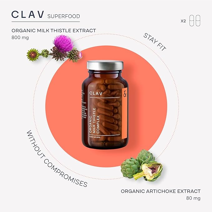 CLAV Organic Milk Thistle & Artichoke Extract Complex -Rich in Silymarin & Bitters - Liver Support + Detox Supplement - 120 Capsules (60 Days Supply) - Vegan - Made in Germany
