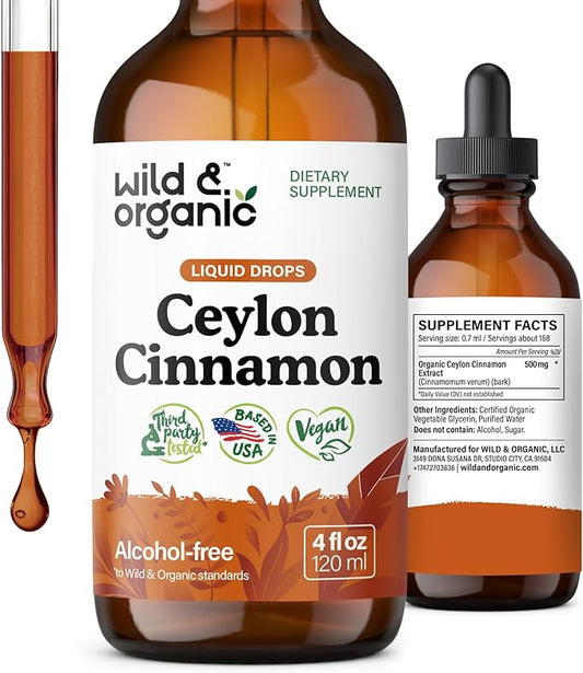 Wild & Organic Ceylon Cinnamon Tincture 500 mg - Liquid Cinnamon Supplements for Overall Support - Cinnamomum Verum Bark Extract - Vegan, Sugar & Alcohol-Free, Non-GMO - 4 fl oz