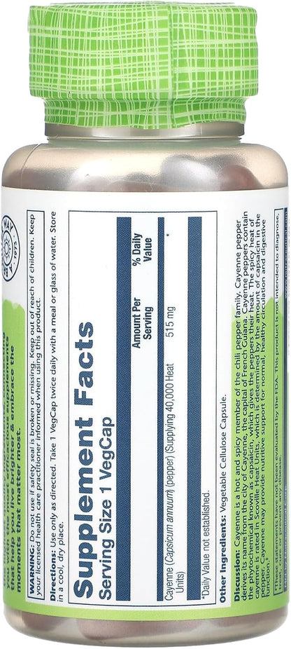 SOLARAY Cayenne Pepper 515 mg | 40,000 Heat Unit | Healthy Digestion, Circulation, Metabolism & Cardiovascular Support | Non-GMO | 100 VegCaps