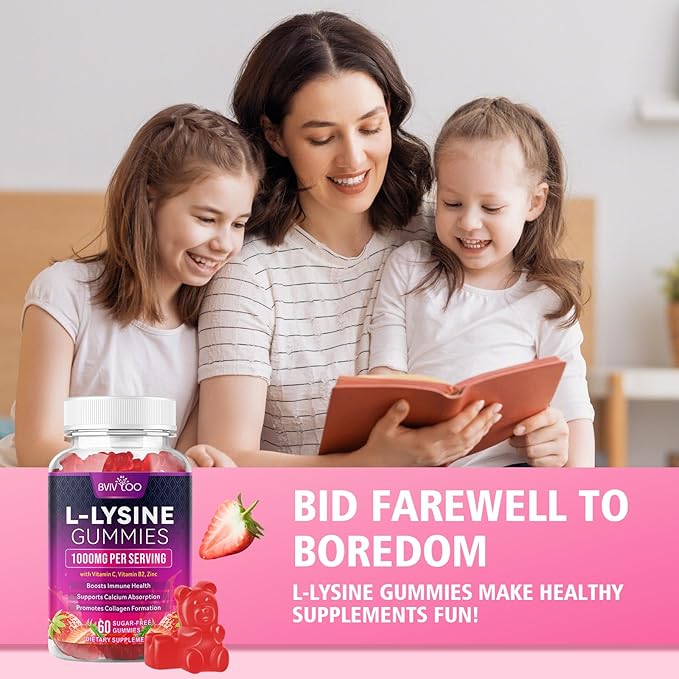 2 Pack L-Lysine 1000mg Gummies for Immune Support & Skin Health - High Potency Vegan Gummies, Sugar-Free, Natural Berry Flavor, Gluten-Free Chewable Supplement for Adults & Kids - 120 Gummiess