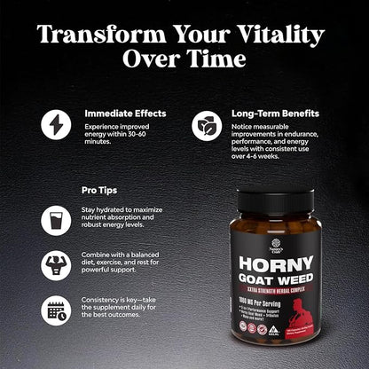 Horny Goat Weed for Men Enhancement - Extra Strength Male Enhancing Supplement with Black Maca Root, Tongkat Ali, Saw Palmetto & Panax Ginseng Extract for Stamina & Energy - 180 Capsules