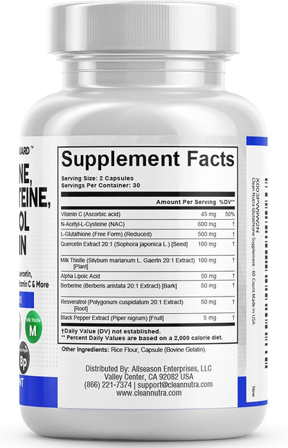 Clean Nutraceuticals Glutathione 500mg Supplement with Vitamin C N Acetyl Cysteine 600mg Berberine 1000mg Resveratrol Quercetin Alpha Lipoic Acid - Reduced L Glutathion Free Form Women 60 Ct USA Made