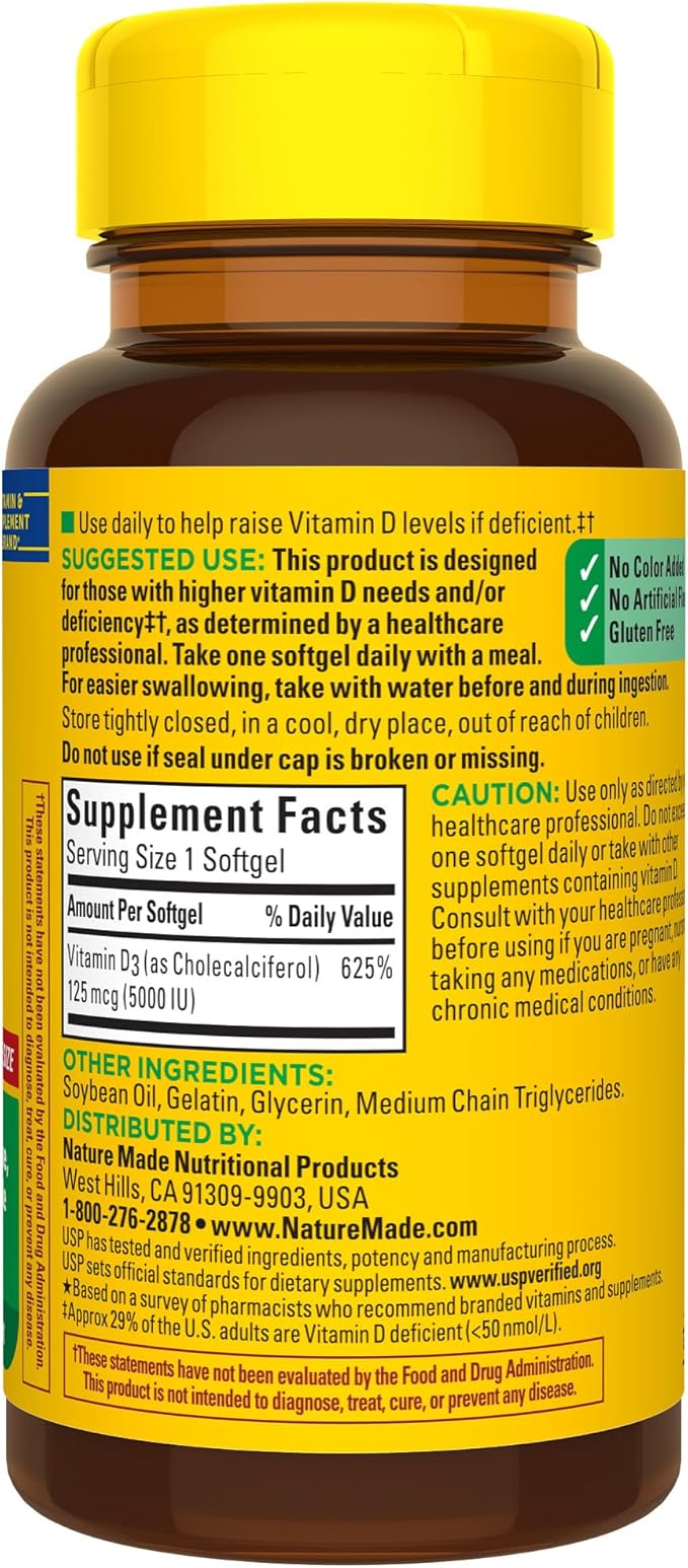 Nature Made Extra Strength Vitamin D3 5000 IU (125 mcg), Dietary Supplement for Bone, Teeth, Muscle and Immune Health Support, 180 Softgels, 180 Day Supply