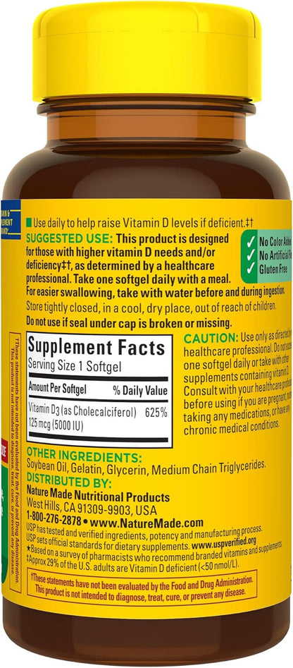 Nature Made Extra Strength Vitamin D3 5000 IU (125 mcg), Dietary Supplement for Bone, Teeth, Muscle and Immune Health Support, 180 Softgels, 180 Day Supply