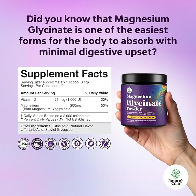 High Absorption Magnesium Glycinate Powder - Vegan Magnesium Powder for Sleep Relaxation & Regularity - Drink Mix Non-GMO Gluten Free & No Artificial Flavors (Honey Lemon) 40 Servings