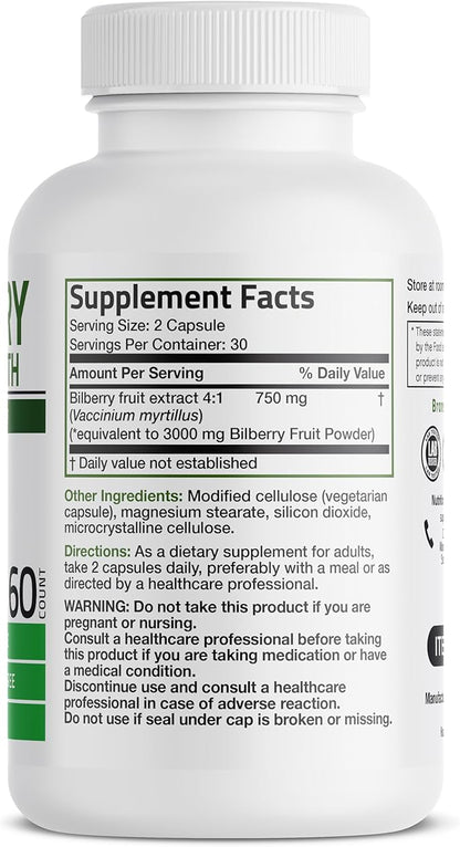 Bronson Bilberry Extra Strength Vaccinium Myrtillus, Promotes Eye Health and Supports Healthy Vision - Non GMO, 60 Vegetarian Capsules